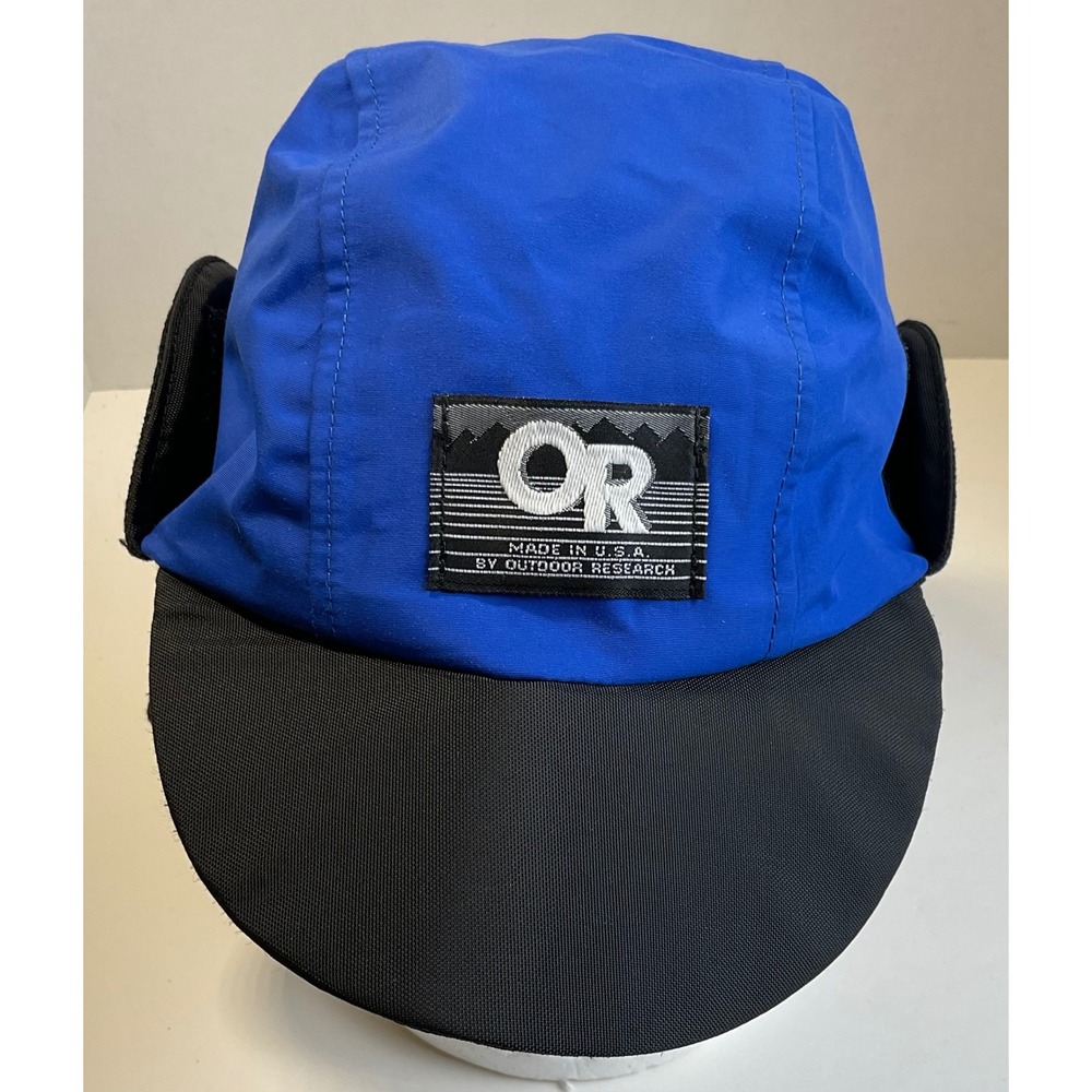 Outdoor Research Gore-Tex Winter Hat Blue Black Ear Flap Made in USA L vintage